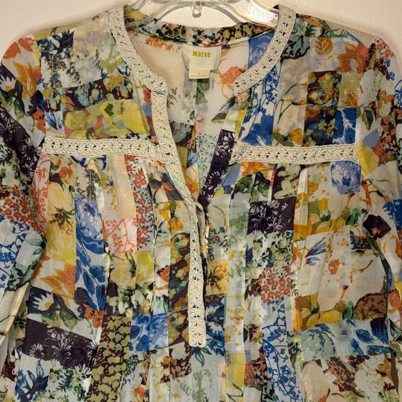 Anthropologie Maeve Floral Abella Pintuck Blouse Vibrant Patchwork Lace Size 4 - Picture 5 of 9